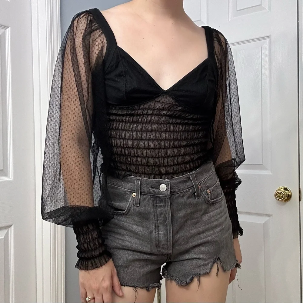 Free People Blouse Sheer Mesh Black Puff Sleeve Statement Sexy Size Extra Small